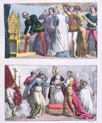Ustanowienie Orderu Podwiązki przez Edwarda III (1312-77) w 1348 r. i małżeństwo Henryka I (1068-1135), z „Le Costume Ancien et Moderne” Julesa Ferrario, ok. 1820 (rycina kolorowa)